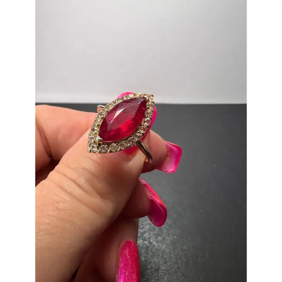 Marquis Ruby and white zircon halo ring in rose gold over sterling silver size 9 - Picture 4 of 11